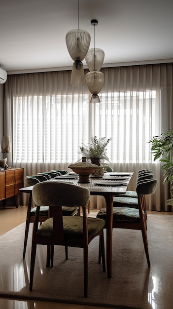 A dining room with a large window and a lamp on the wall.