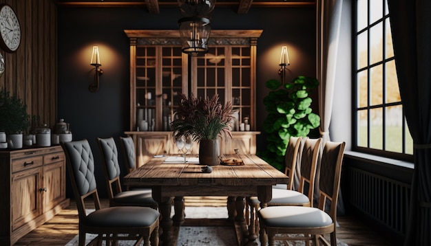 A dining room with a large wooden table and chairs.