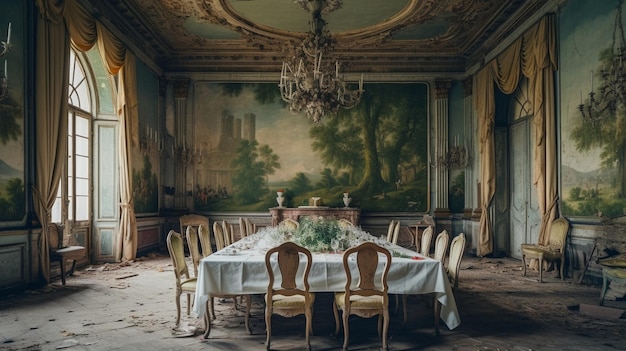 A dining room with a painting on the wall