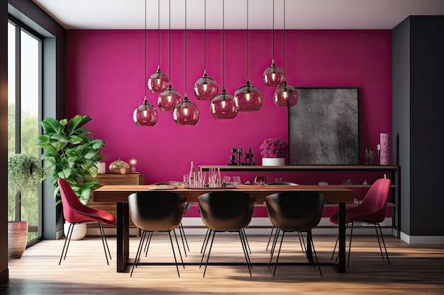 A dining room with a pink wall and a red table with a black table and chairs.