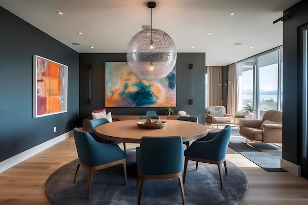 A dining room with a round table and blue chairs.