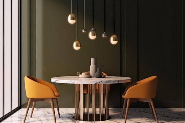 A dining room with a round table and chairs with a gold pendant light hanging from the ceiling.