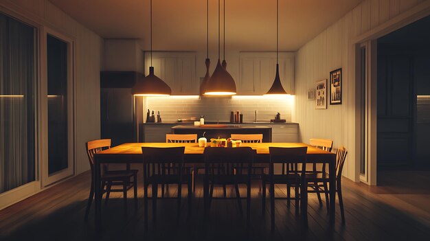 A dining room with smart pendant lights set to a dim warm glow creating an intimate setting