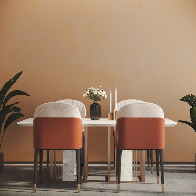 Dining room with a table and chair front of the orange wall 3d render