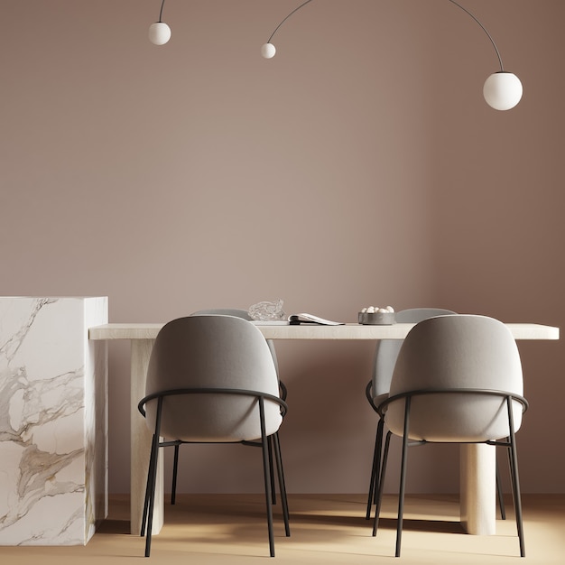 Dining room with a table and chair front of the pink wall 3d render