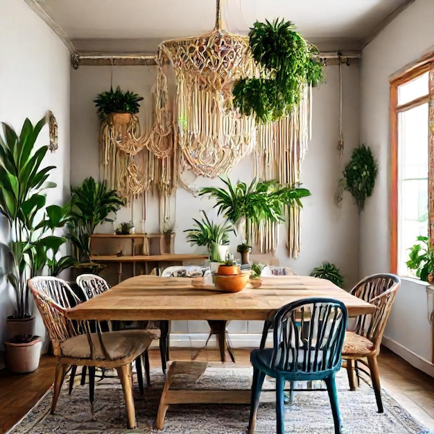 Photo a dining room with a table and chairs and a hanging chandelier hanging from the ceiling