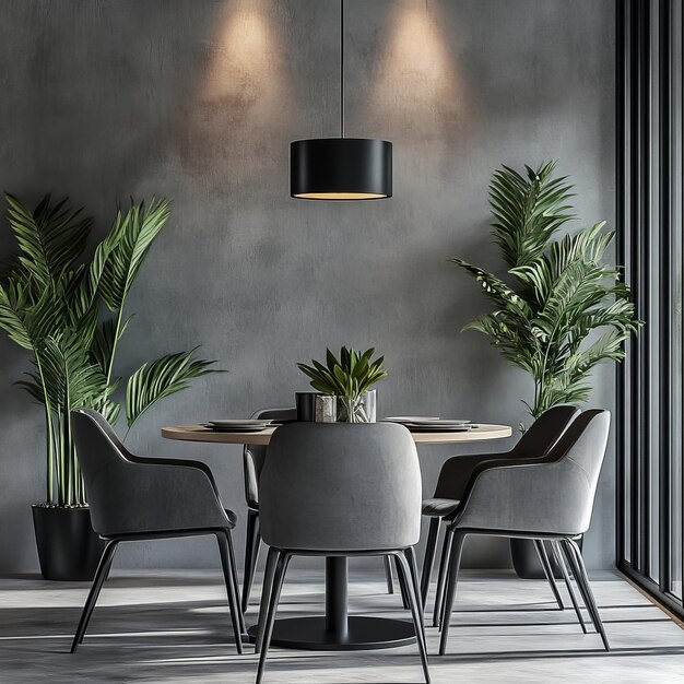 Photo a dining room with a table and chairs and a lamp hanging from the ceiling