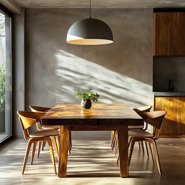 Photo a dining room with a table and chairs and a lamp hanging from the ceiling