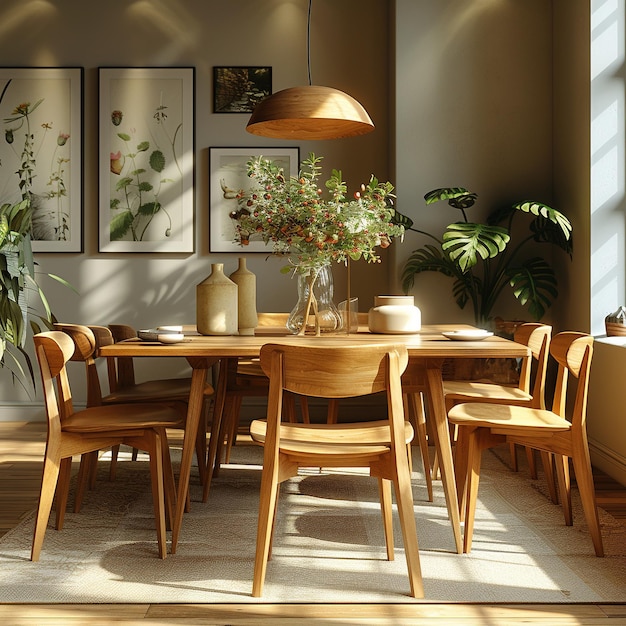 Photo a dining room with a table and chairs and a lamp on it