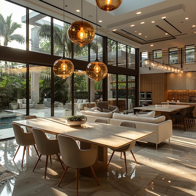 a dining room with a table and chairs and a large window