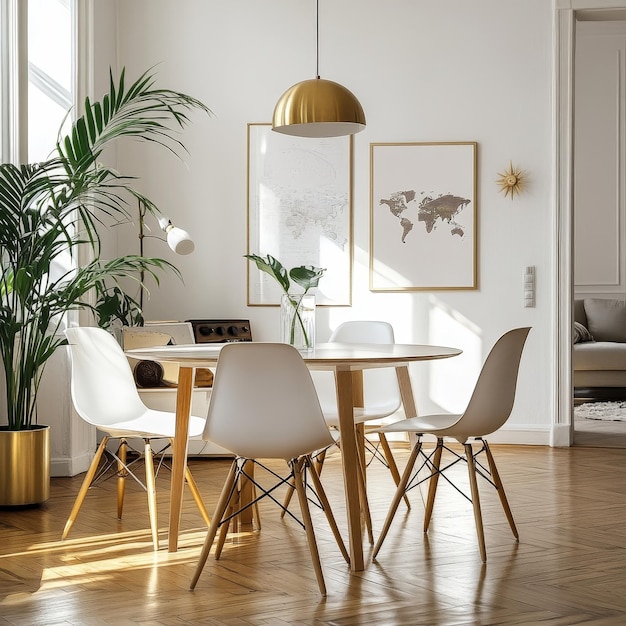 a dining room with a table and chairs and a map on the wall