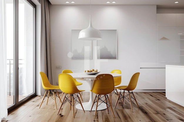 Photo a dining room with a table and chairs and a painting on the wall