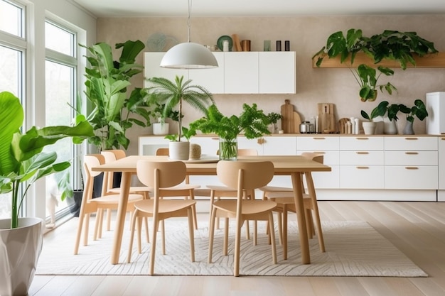 A dining room with a table and chairs and plants on the wall.