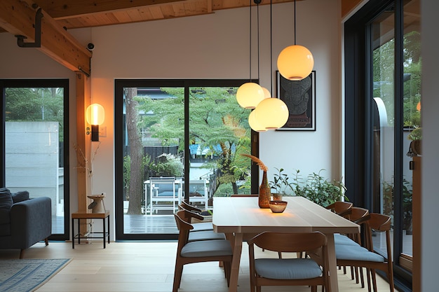 a dining room with a table and chairs and a table with a plant on it