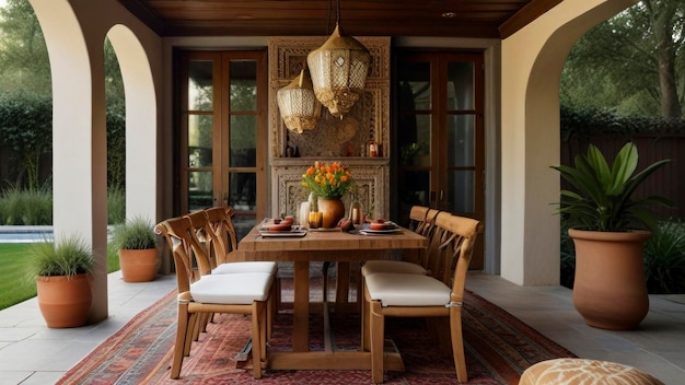 a dining room with a table and chairs and a vase with flowers on it