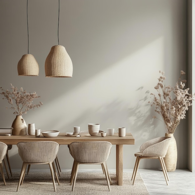 a dining room with a table and chairs and a wall with a plant in the corner