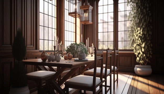 A dining room with a table and chairs and a window with a plant on it