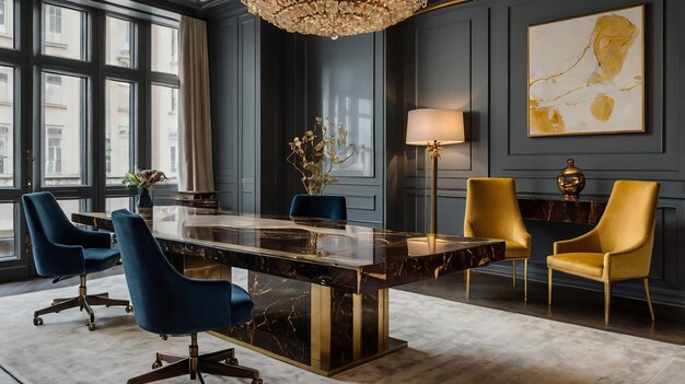 a dining room with a table and chairs with a chandelier hanging from the ceiling