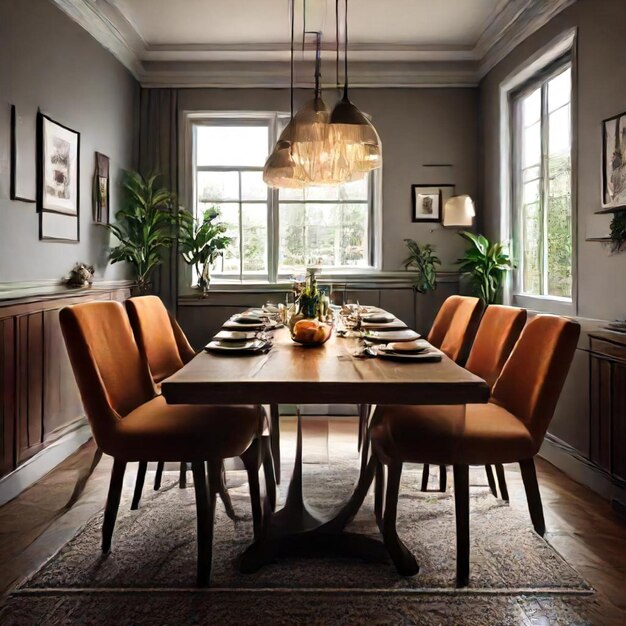 Photo a dining room with a table and chairs with a light hanging from the ceiling