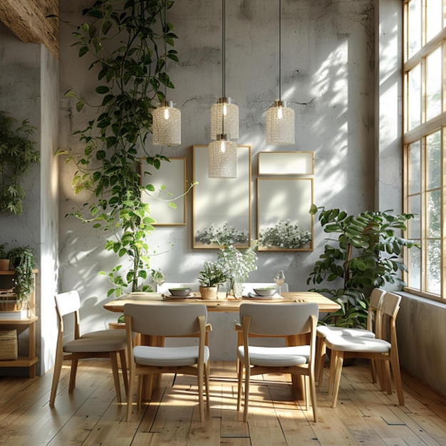 Photo a dining room with a table and chairs with plants on it