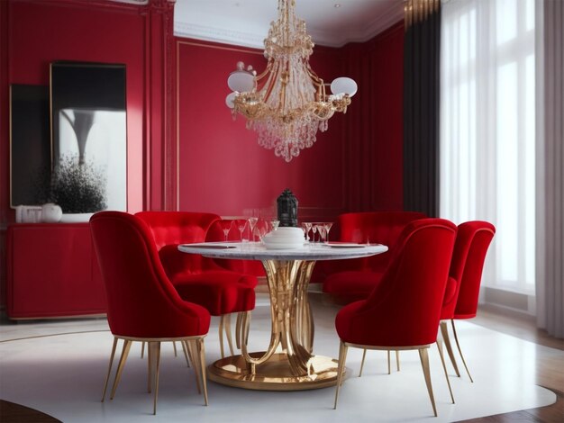 A dining room with a table and chairs with a red chair