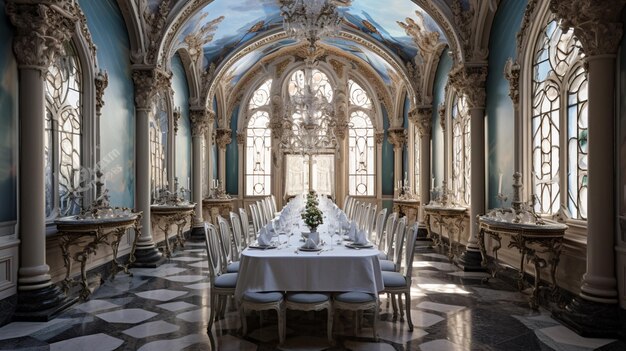 Photo a dining room with a table and chairs with a tablecloth on it