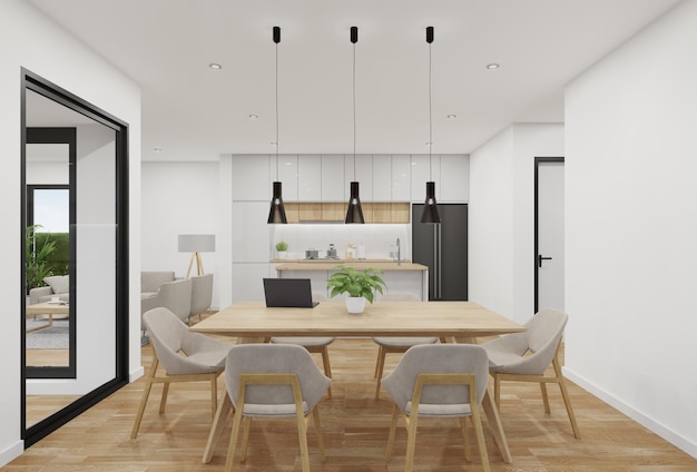 Dining room with table and chairs on wooden floor. 3d rendering of residential building interior.