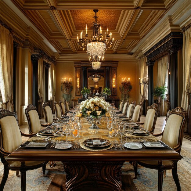 Photo a dining room with a table with chairs and a chandelier