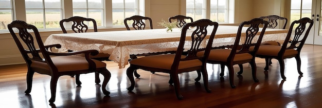 Photo a dining room with a tablecloth on the table