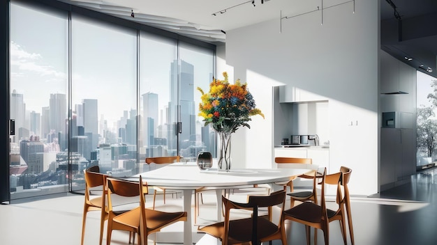 A dining room with a view of the city skyline.