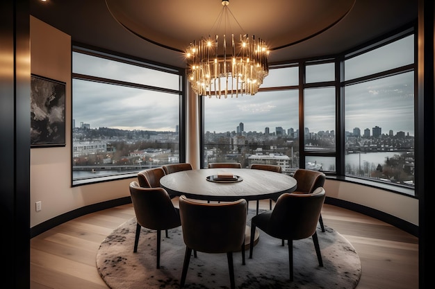 A dining room with a view of the city