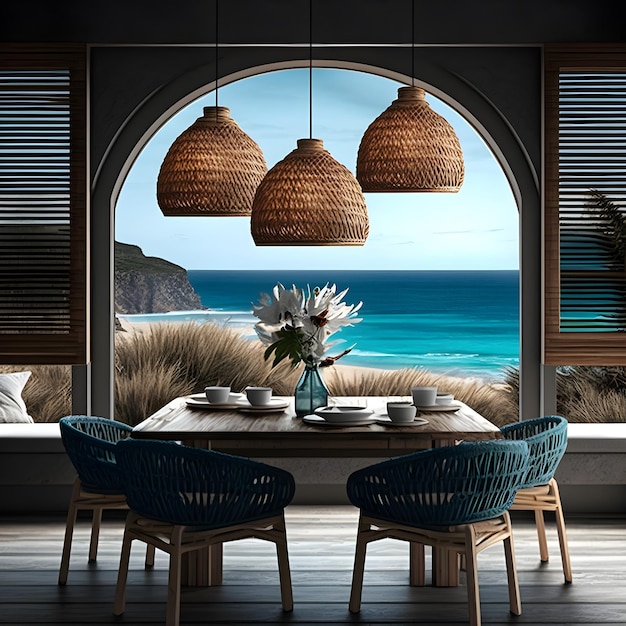 A dining room with a view of the ocean and a table with chairs and a table with wooden lamps