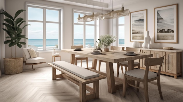 A dining room with a view of the ocean and a wooden bench.