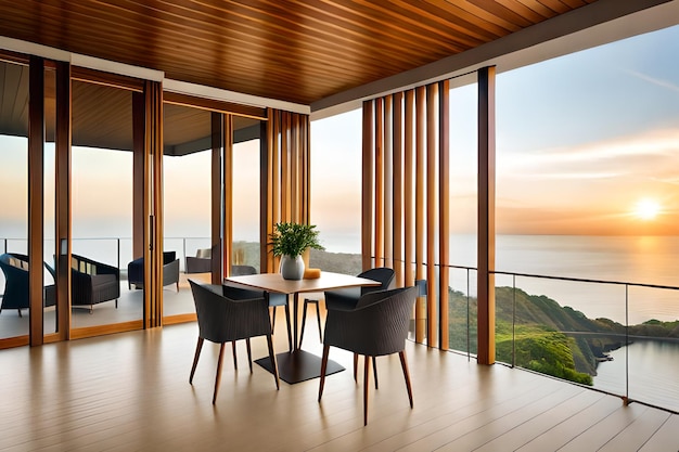 A dining room with a view of the ocean.