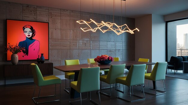 Photo a dining room with a wall of lights hanging from the ceiling