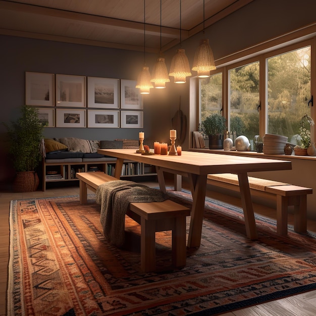 A dining room with a wooden table and benches AI generative image Cosy Norvegian house