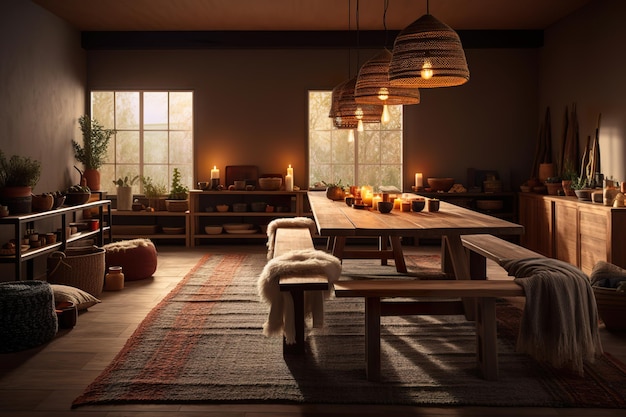 A dining room with a wooden table and benches Generative AI image Cosy Norvegian house