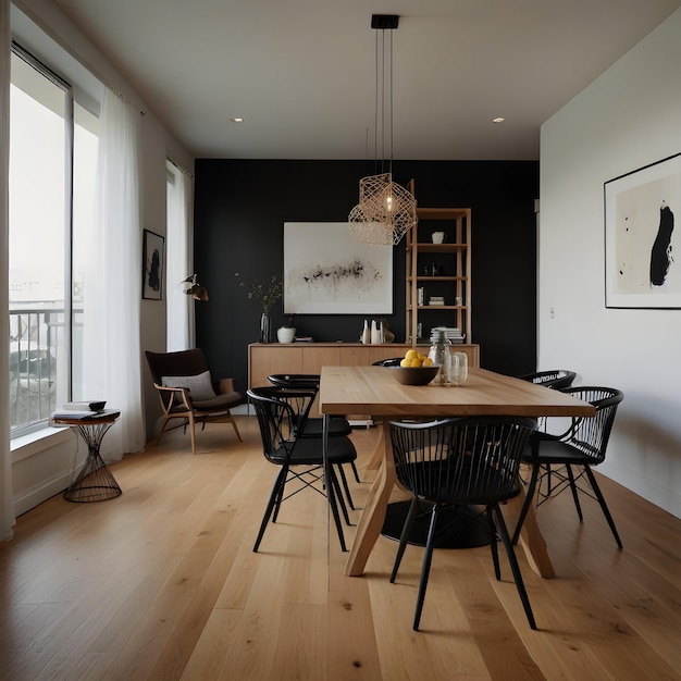 Photo a dining room with a wooden table and chairs and a painting on the wall