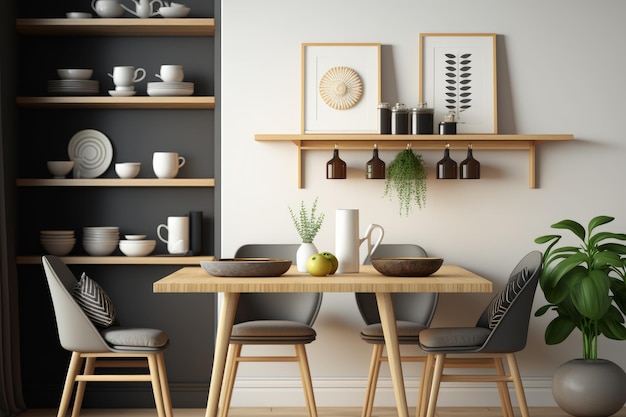 Dining room with wooden table chairs and shelves Generative AI