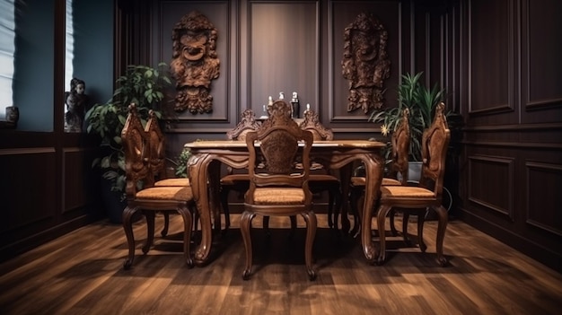 A dining room with a wooden table and chairs and a wall with plants on it.