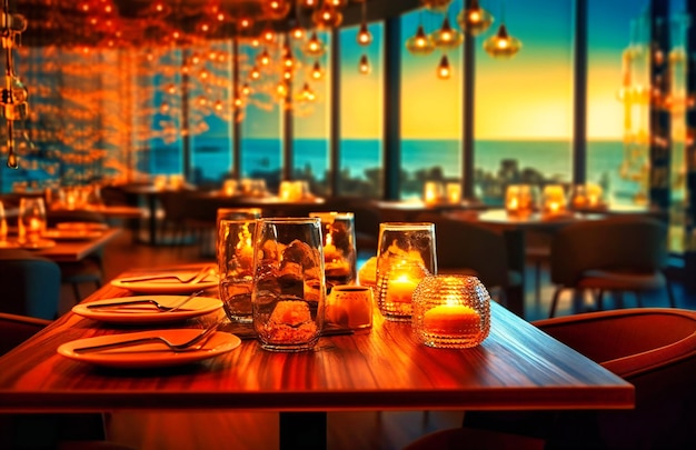 Dining scene in a restaurant with the ocean in the background