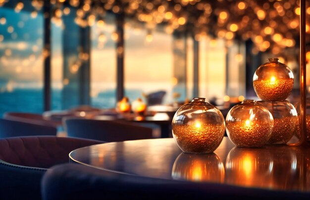 Dining scene in a restaurant with the ocean in the background