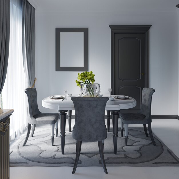 Dining table in classic styles on the background white wall, black furniture. 3d rendering