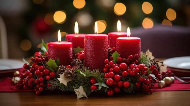 dining table cristmas adorned with candles holly and glittering ornaments