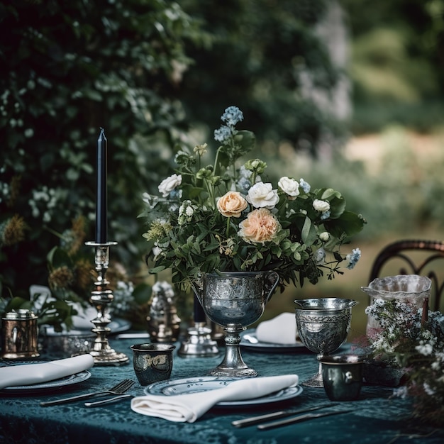 dining table in a lush garden