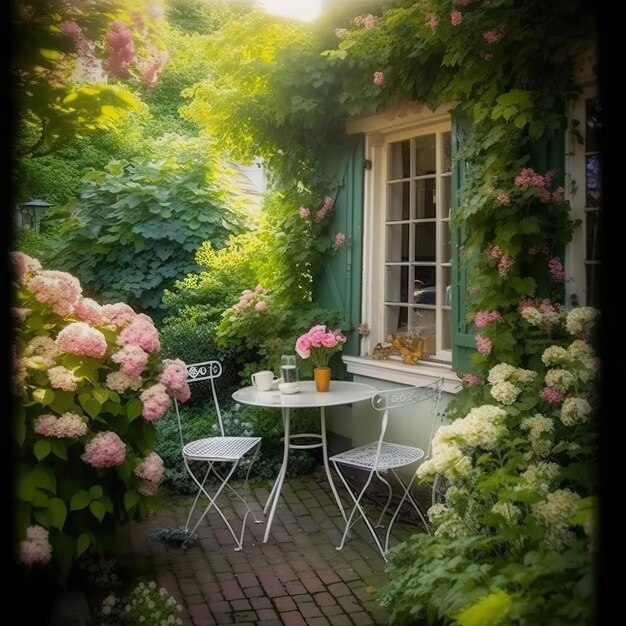 dining table in a lush garden