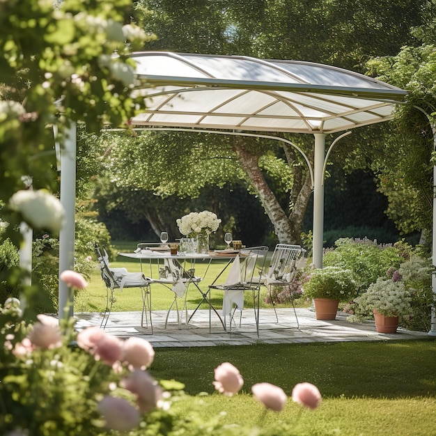 dining table in a lush garden