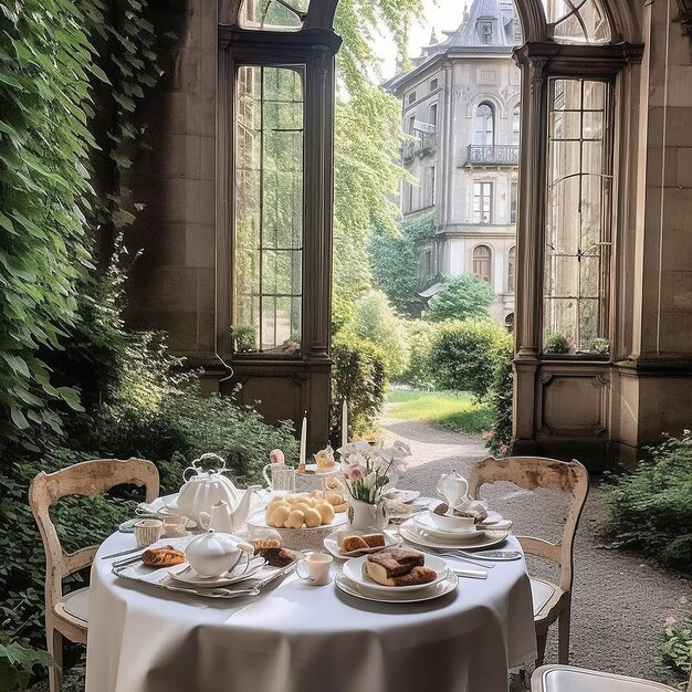 dining table in a lush garden