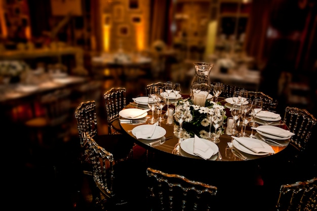 Dining table ready for a party in a ballroom