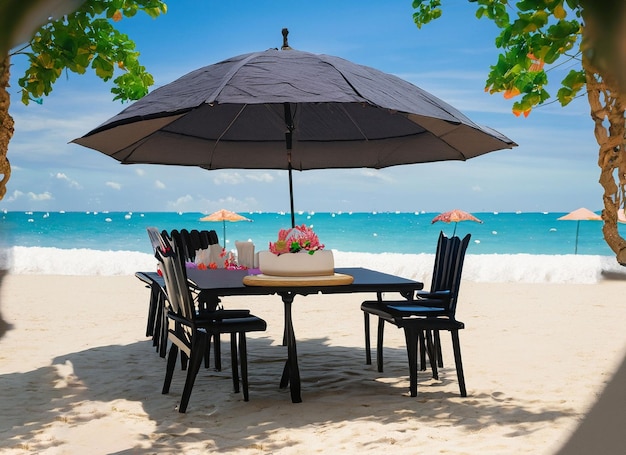 Dining table set decoration with lamp glowing and colors on the beach